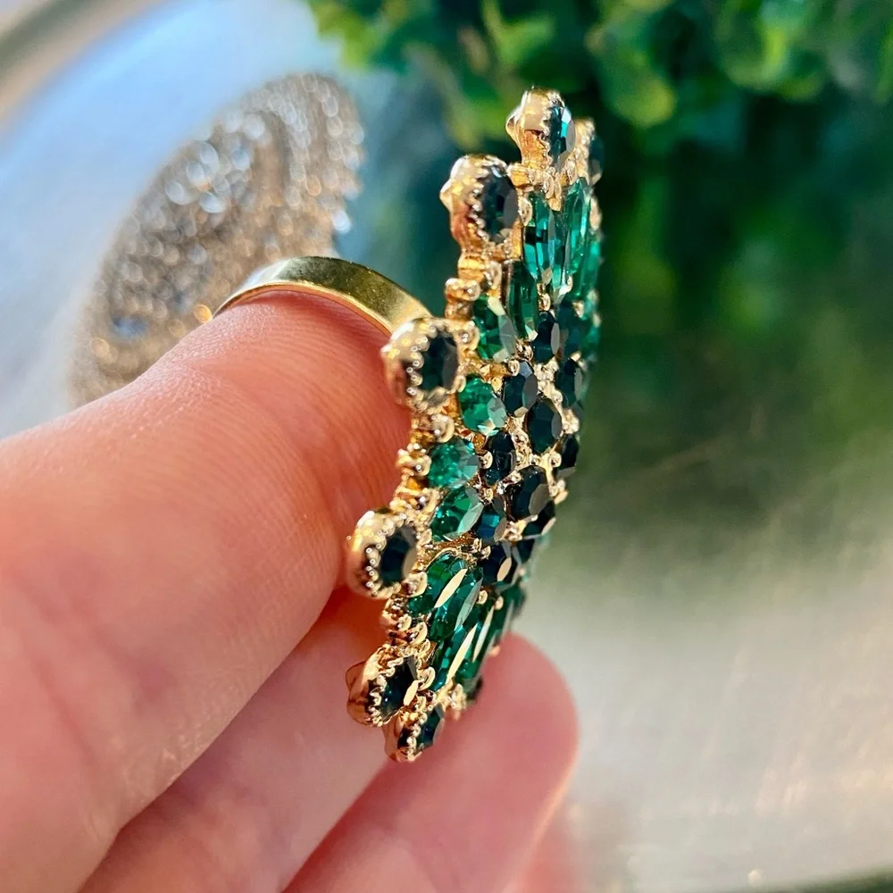 Rhinestone Flower Fashion Ring Green ~ New